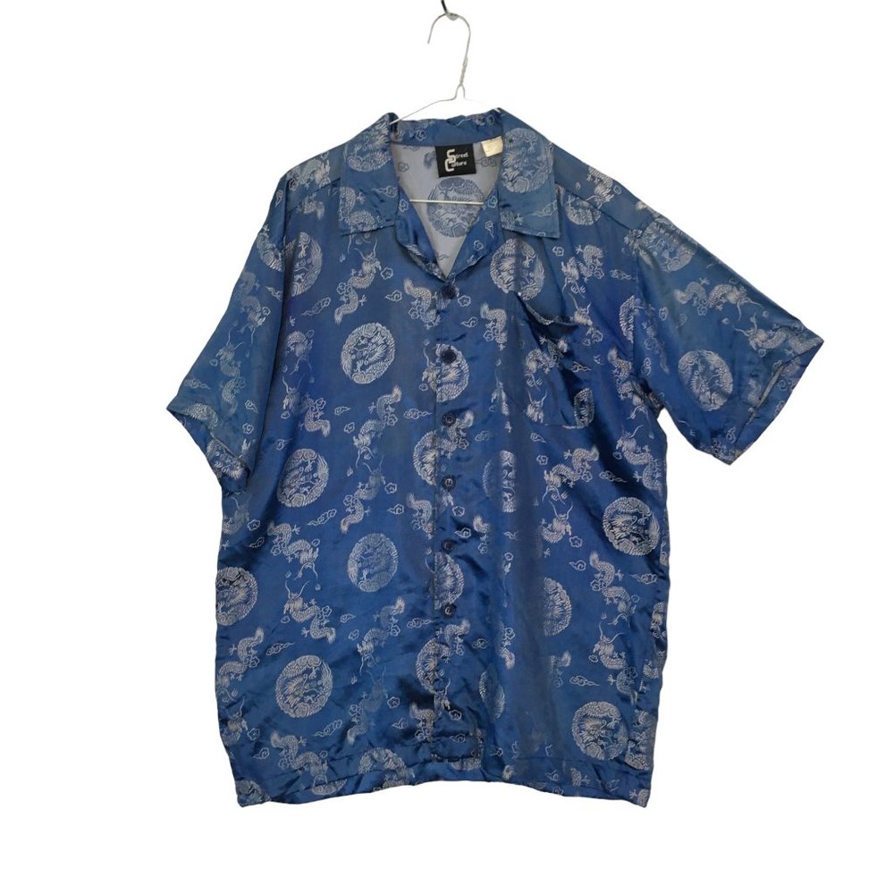 Street Culture Mens‎ Blue Silver Asian Dragon Satin Button Front Shirt, 42 chest